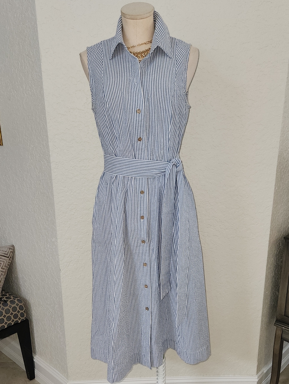Anne Klein Blue & White Striped Sleeveless Shirt Dress with Waist Tie